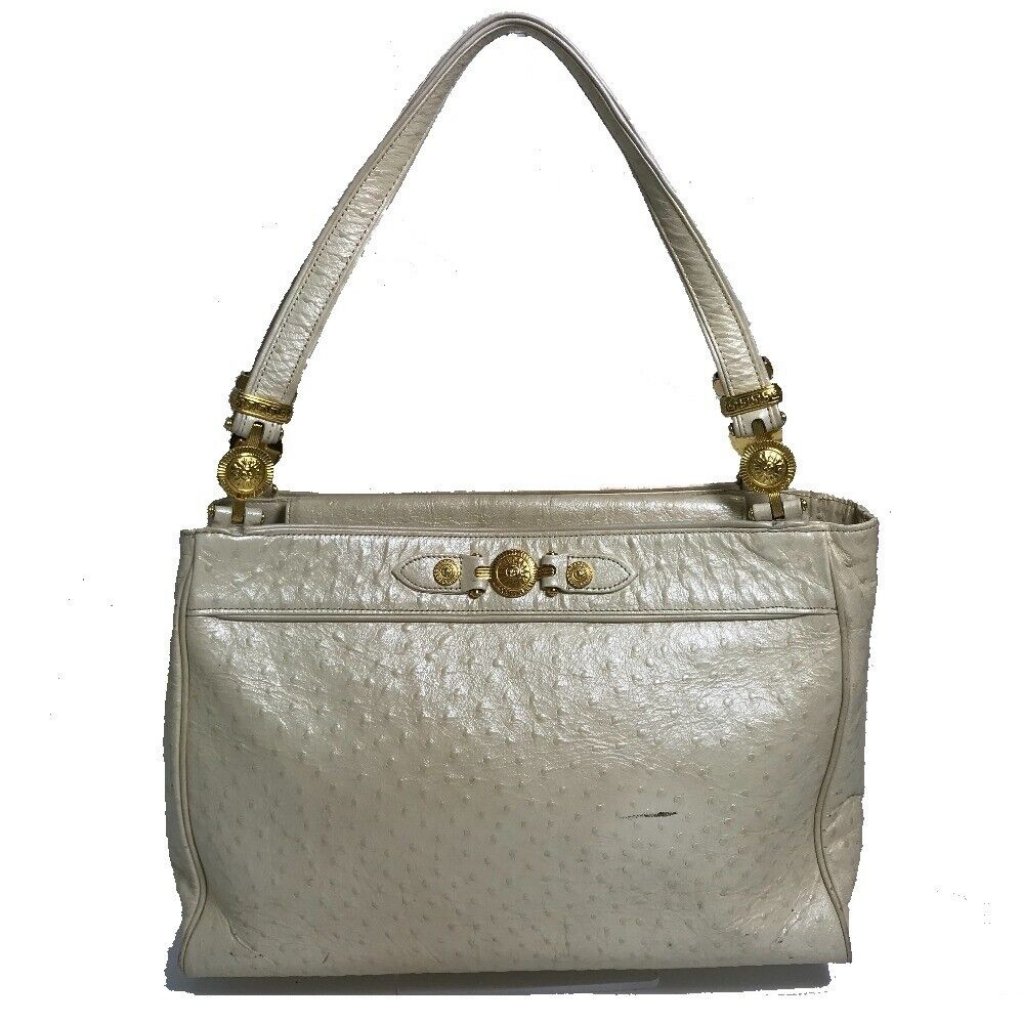 Authentic Versace Sunburst Embossed Shoulder Bag Leather Beige
